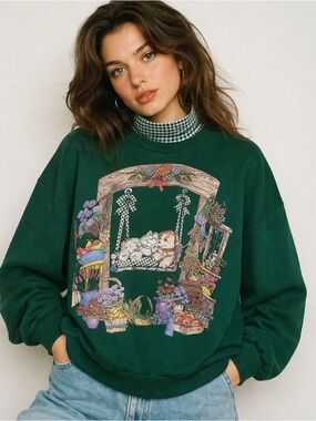 Vintage Basic Editions Green Sweatshirt Mock Neck Dog Floral GrandmaCore Medium